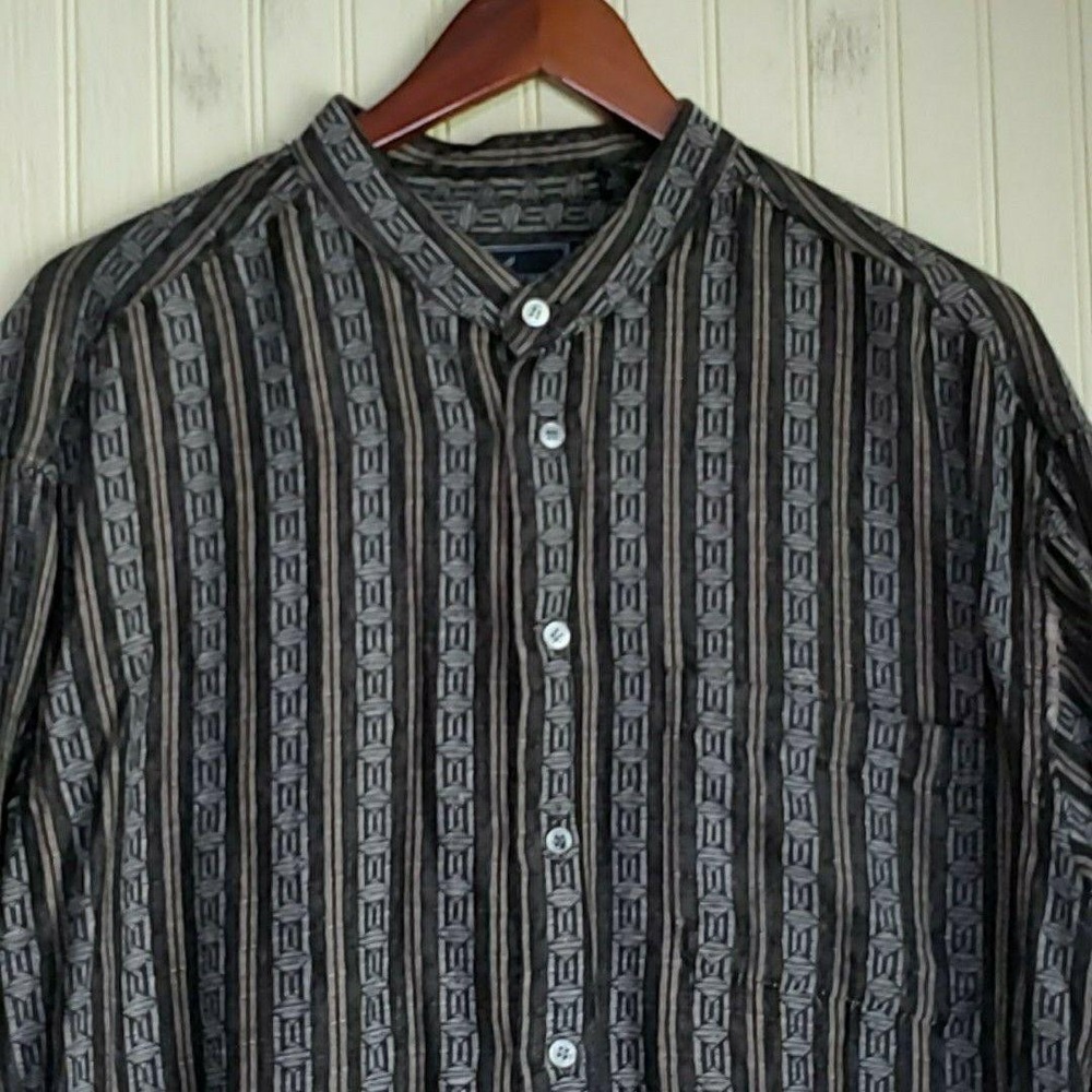 Daniel Hechter Shirt Mens XL Gray Stripe‎ Long Sleeve Band Collar Button-Up